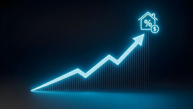 Neon blue graph shows upward trend with house and dollar symbols
