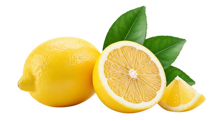 Fresh and vibrant lemons with leaves on a clean background showcase