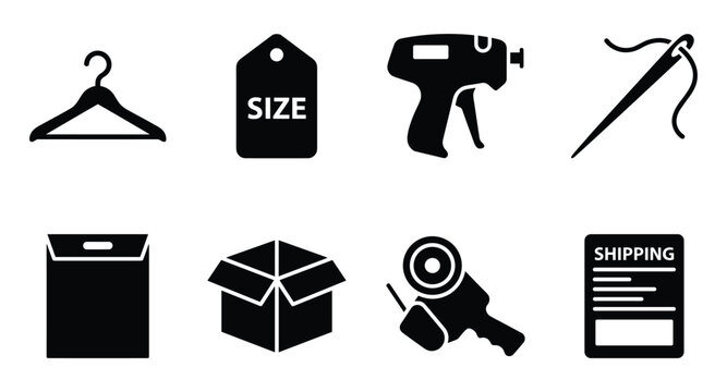 Essential Retail Icons Set: Clothing Hanger, Tag, Gun, Shipping, and Packaging.