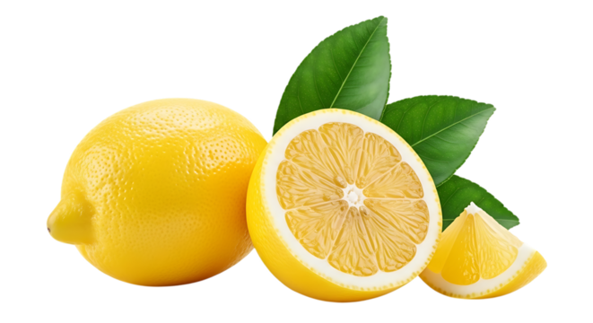 Fresh and vibrant lemons with leaves on a clean background showcase