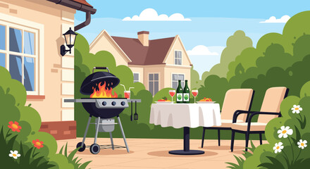 Backyard barbecue party with grill, drinks, and food creating a fun outdoor summer atmosphere for casual dining and entertaining guests at home