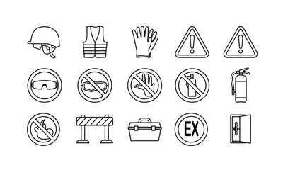 Collection of black outline safety and warning icons on white background hard hat safety vest