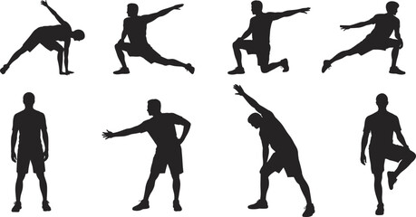 Vector collection of man silhouettes stretching body, athlete doing warm up exercises, fitness workout poses, isolated illustration set, white background.