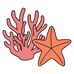 Naklejka premium Starfish beside coral illustration with black outline
