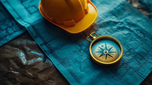 Vintage architectural blueprint, compass and yellow hard hat, engineer planning concept,