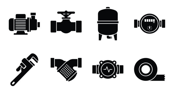 Set of plumbing, pipeline, water supply system elements icons graphic.