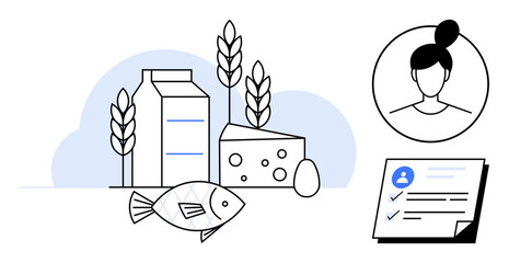 Milk carton, cheese wedge, fish, egg, and crops symbolize nutrition and healthy foods, with a profile picture and checklist representing personalized diet plans. Ideal for nutrition, health, diet