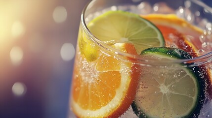 Closeup of refreshing citrus slices in a sparkling beverage with ice, creating a vibrant and cool drink