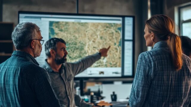 Collaborative planning session team strategizing around a large screen, analyzing data