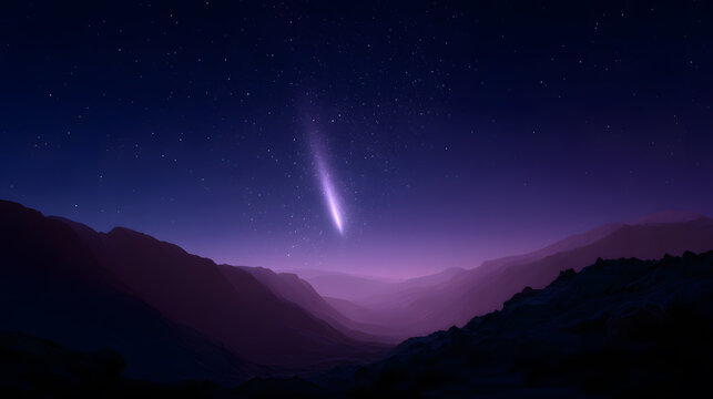 Celestial Serenade: A radiant comet streaks across a velvet canvas of a star-studded night sky over majestic mountains, painting a scene of cosmic wonder.