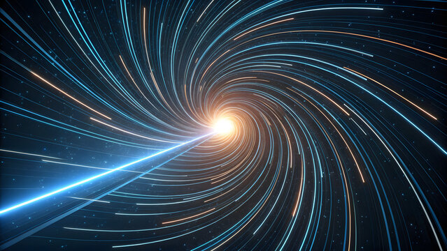 Spiral galaxy with glowing light beam and cosmic energy swirl