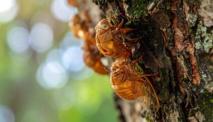 Obraz premium Close-up of cicada shells clinging to tree bark in natural setting
