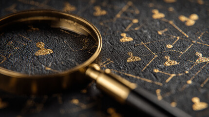 A close-up image of a golden magnifying glass resting on a textured black surface adorned with gold patterns, evoking a sense of mystery and exploration.