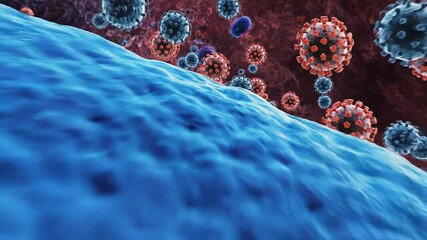 Microscopic View of Coronavirus Infection Detailed 3D Animation of Virus Cells Attacking and Spreading Highlighting the Pandemics Impact on Global Health and the Urgent Need for Medical Solutions.