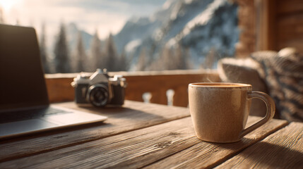 A cozy scene featuring a steaming cup on a wooden table, a laptop, and a vintage camera, set against a stunning mountain backdrop.