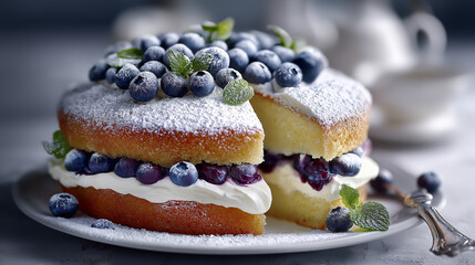 A luscious layered cake topped with fresh blueberries and mint leaves, dusted with powdered sugar, perfect for any sweet occasion.