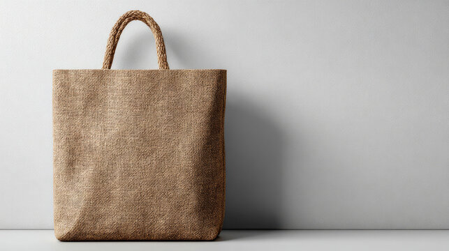 A stylish woven tote bag rests against a minimalist gray background, showcasing its natural texture and craftsmanship.