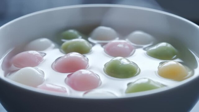 Close Up of Bua Loi Thai Dessert Floating in Coconut Milk