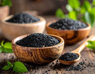 Close-up of black seeds in wooden bowls and spoon with fresh greenery
