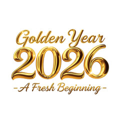 Golden year 2026 a fresh beginning, vibrant 3d gold metallic text for new year celebrations, luxury, prosperity, and future success.