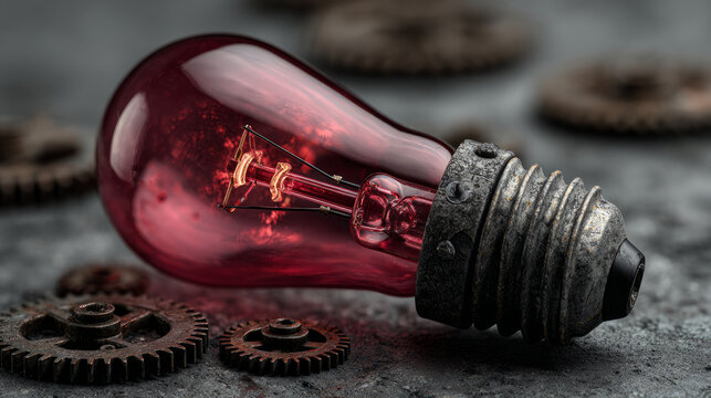 A striking red glass light bulb rests on a textured surface, surrounded by rusted gears, combining vintage charm with industrial aesthetics.