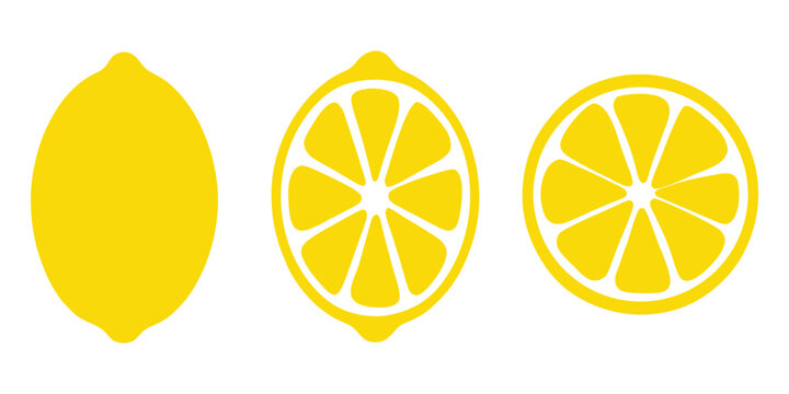 Lemon cut slices vector set. Whole, half and slice chopped lemon fruit, Yellow lemon slice, vector illustration