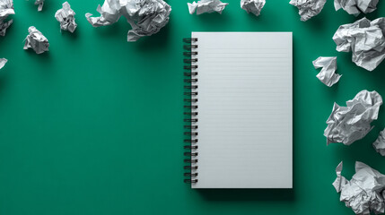 A blank notebook sits on a vibrant green surface surrounded by crumpled paper balls, symbolizing creativity and the writing process.