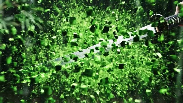Katana Slicing Lotus Petal into Digital Green Pixels
