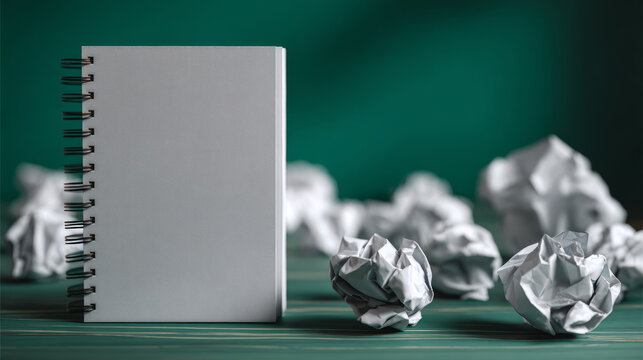 A clean, blank notebook stands upright against a teal background, surrounded by crumpled white paper balls, symbolizing creativity and discarded ideas.
