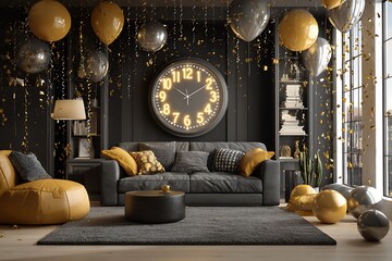 A modern living room decorated for New Year with balloons, confetti, golden streamers, and a glowing countdown clock