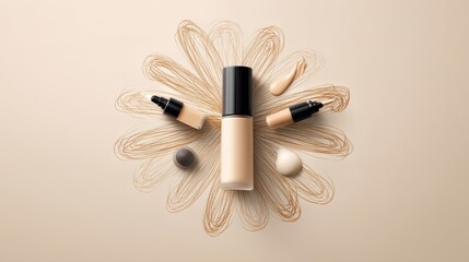 A visually appealing arrangement of makeup products, foundation and concealers against a soft, neutral background, makeup poster arts