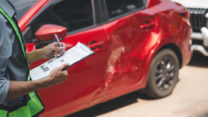 accident, cars, insurance, car, crash, claim, collision, An inspector records details of a red vehicle with side damage after a collision, completing an insurance report form.