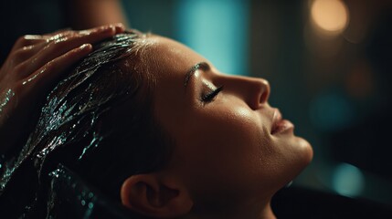 Serenity Unfolds as a Woman Enjoys a Calming Hair Wash and Soothing Scalp Massage at a Sleek Salon