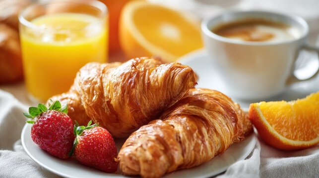 Two golden croissants sit on a plate next to fresh strawberries and orange slices accompanied by a cup of coffee and a glass of orange juice creating a vibrant breakfast scene. - Powered by Adobe