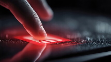 A close-up of a woman's hand pressing a glowing red button on a wet surface, creating a striking visual contrast.
