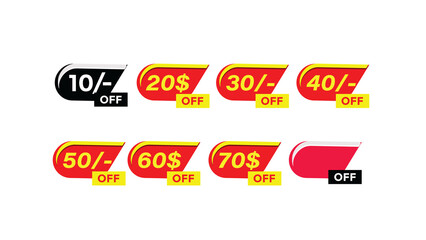 Discount Sale Badges Set. Vector Promotion Stickers with Price Off Amounts (10, 20$, 30, 40) for Retail Marketing and E-commerce Banner Design.