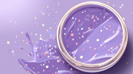 Naklejka premium A vibrant, glossy purple substance with colorful confetti-like sprinkles spills from a metallic container, an artistic and playful visual, makeup poster arts