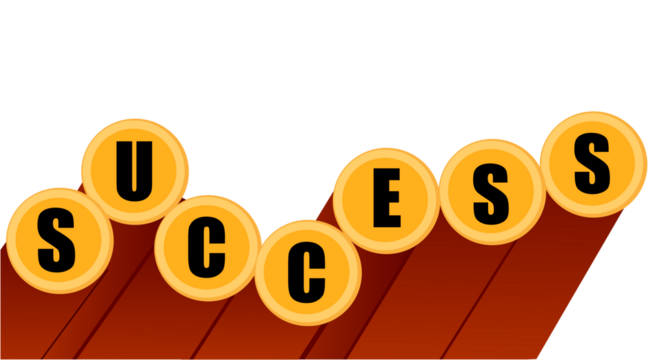 SUCCESS Word on Gold Coins. Flat Design Vector Typography Representing Rising Business Chart, Financial Growth, and Motivation Concept.