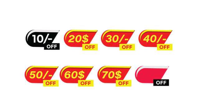 Discount Sale Badges Set. Vector Promotion Stickers with Price Off Amounts (10, 20$, 30, 40) for Retail Marketing and E-commerce Banner Design.