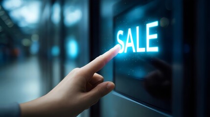 A close-up of a hand pressing a digital 'SALE' button, symbolizing online shopping and discounts.