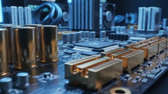 Close up of a futuristic computer motherboard with glowing blue light and prominent gold capacitors in a dark setting