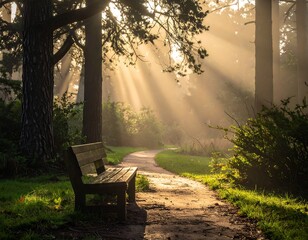 Sun rays through trees illuminate a bench and path in a tranquil, misty forest park setting