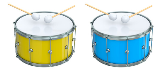Set of drums and wooden drum sticks on white. 3d render of musical instrument