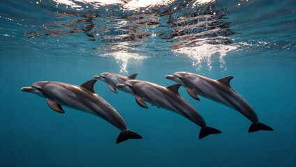 Obraz premium Four common bottlenose dolphins swimming together underwater near the sunlit ocean surface