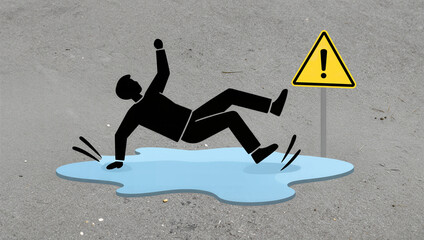 Silhouette of a person slipping on a wet floor near a yellow caution warning sign illustration