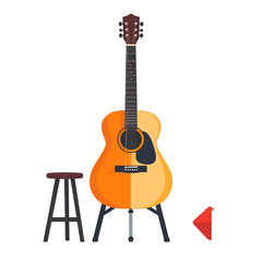 Naklejka premium Acoustic Guitar on Stand with Stool and Red Object in a Simple Style on White Background