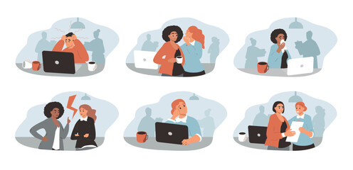 Flat style vector illustration. A set of images depicting emotions between colleagues in the office, at work. Burnout, gossip, aggression, crying, friendship, hatred