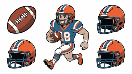 Cartoon American Football Player Running with Ball and Helmets Isolated on White Background