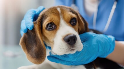 Young veterinarian wearing gloves and examining sick beagle dog in clinic.