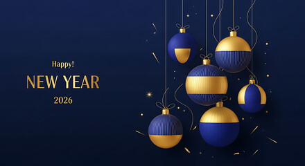 Happy new year 2026 elegant holiday decor with blue gold baubles